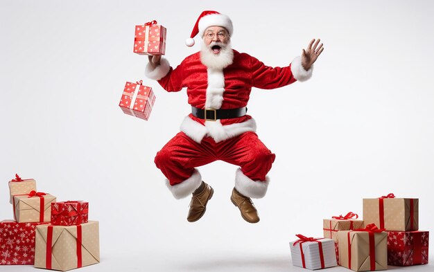 merry and happy santa among gifts christmas concept