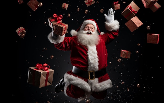 merry and happy santa among gifts christmas concept