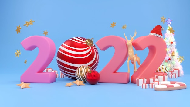 Merry Ð¡hristmas and Happy New Year 2022 . Abstract minimal design, Christmas trees, gift box, 3d rendering.