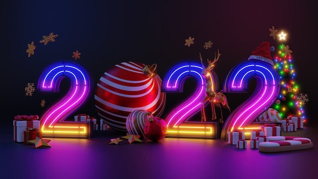 Buon natale e felice anno nuovo 2022. design minimale astratto, alberi di natale con luce al neon, confezione regalo, palcoscenico realistico rotondo vuoto, podio. rendering 3d.