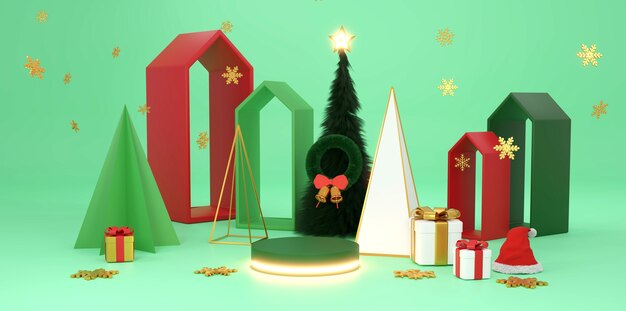 Buon natale e felice anno nuovo. design minimale astratto, alberi di natale geometrici, confezione regalo, palcoscenico realistico rotondo vuoto, podio. sfondo vacanza invernale. intestazione o banner del sito web