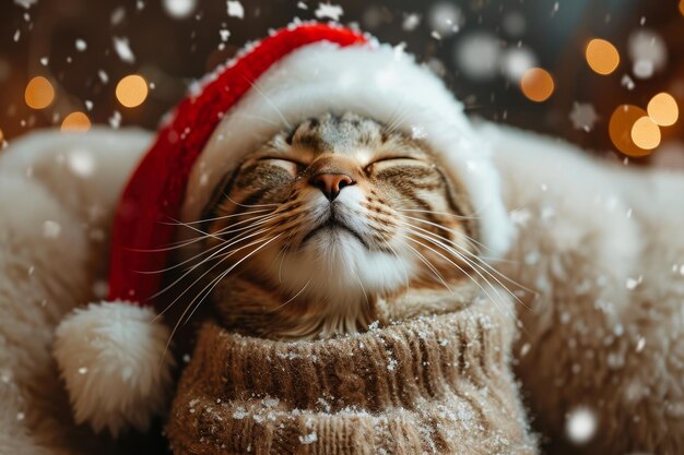 Фото Веселый кот в шляпе санты сияет от счастья