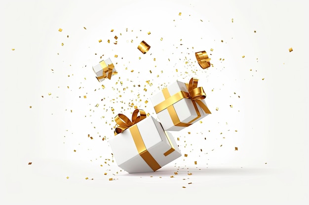 Merry New Year and Merry Christmas 2024 white gift boxes with golden bows and gold sequins confetti on white background