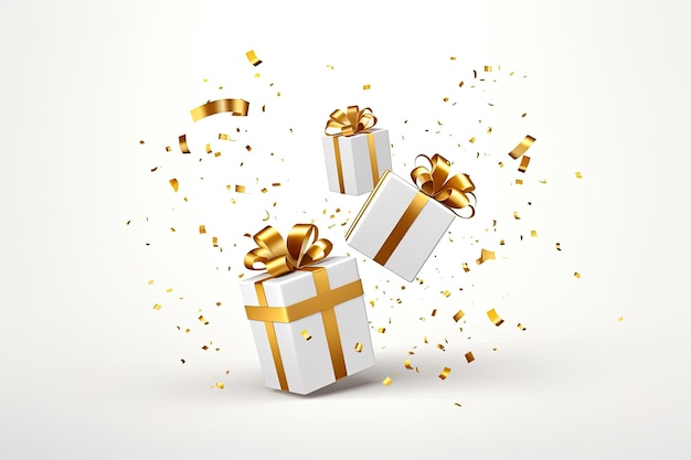 Merry New Year and Merry Christmas 2024 white gift boxes with golden bows and gold sequins confetti on white background