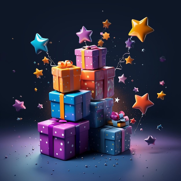 Merry New Year and Merry Christmas Colourful gift boxes with confetti flying and falling holiday c