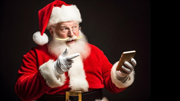 Photo merry santa claus is holding the phone