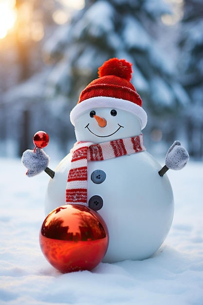 Веселый снеговик, демонстрирующий новогоднюю сферу