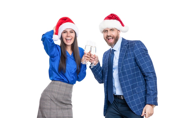 merry xmas to business couple in studio business xmas celebration of couple business couple celebrate xmas isolated on white background corporate xmas party of business couple