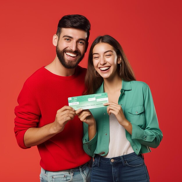 Merry young couple in red casual clothes