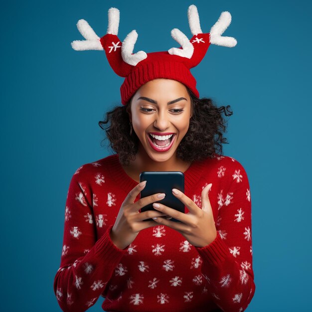 Merry young latin woman in red christmas sweater