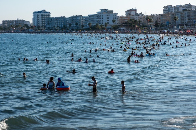 Mersin Turkey August 17 2021 Crowded mediterranean coast during high season