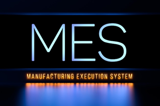 Концепция текста системы управления производством MES неоновый 3D рендеринг