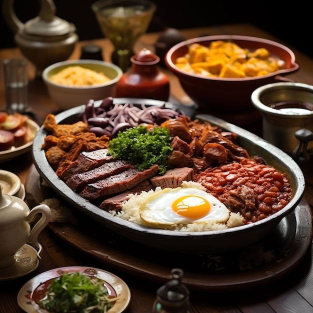 mesa com comidas brasileiras linguias farofa e feijoada