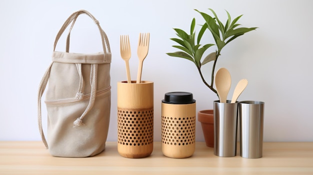 Mesh market bag with bamboo cutlery reusable coffee