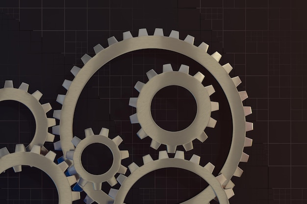 meshing mechanical gears metallic parts 3d rendering
