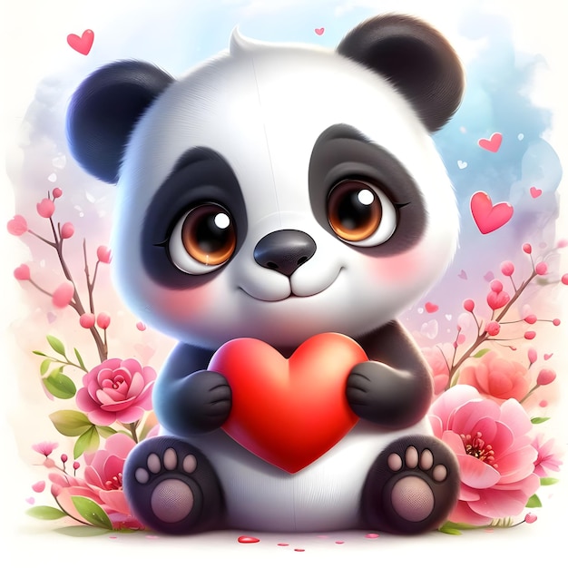Photo a mesmerizing 3d watercolor of a cute panda holding a heart