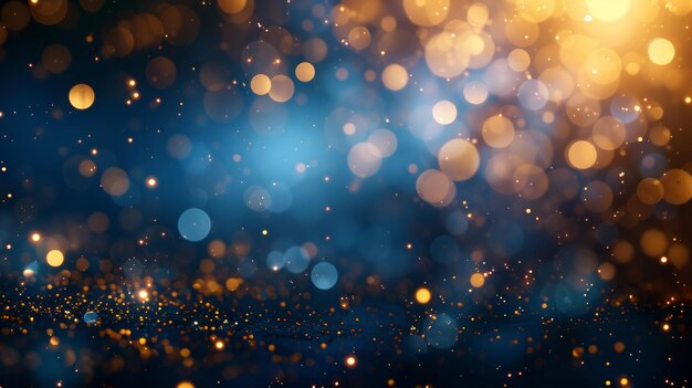 A mesmerizing abstract background featuring the serene beauty of dark blue complemented by the radiance of golden particles The festive glow of Christmas golden lights introduces AI Generative