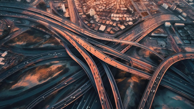 A mesmerizing aerial image of a bustling urban highway illustrating the complex interplay of modern transportation