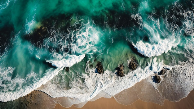 A mesmerizing aerial view of the glistening waves and intricate patterns at the shoreline