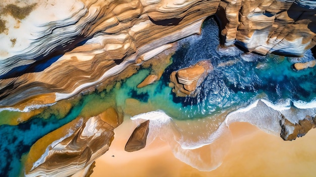 A mesmerizing aerial view of a stunning intricate natural coastal maze formed by rocks tide pools and sandy beaches