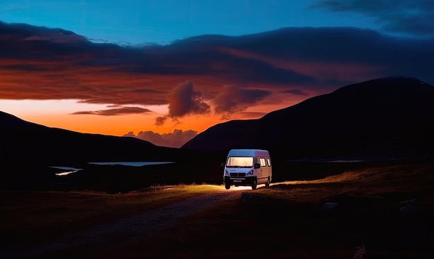 The mesmerizing beauty of the natural surroundings was heightened by the glowing light from the camper van Creating using generative AI tools