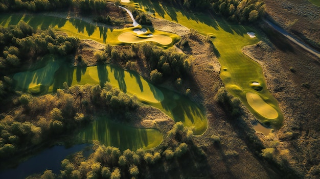 A mesmerizing bird'seye view of a golf course highlighting the artful interplay between players and nature