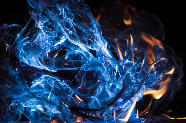 Foto le affascinanti fiamme blu danzavano graziosamente sullo sfondo nero come il fango.