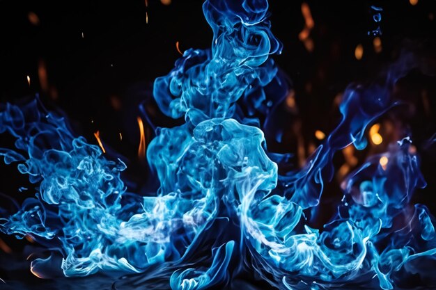 Foto le affascinanti fiamme blu danzavano graziosamente sullo sfondo nero come il fango.