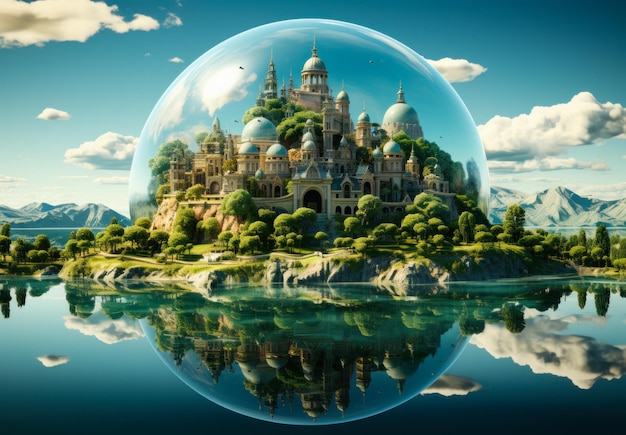 A mesmerizing bubble encapsulating a miniature castle A large bubble with a castle inside of it