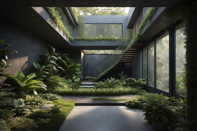 暗い森の中にあるバイオフィリックな家を魅了する 垂直の緑の壁をリビングの内部に