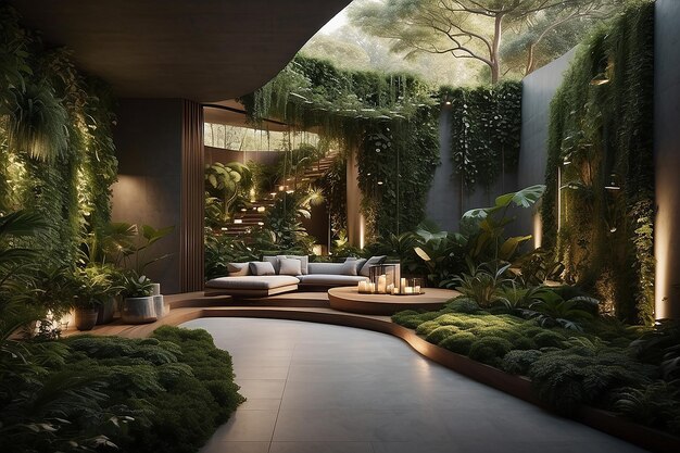 A mesmerizing captures a biophilic house nestled in a dark forest Vertical Green Wall in a living room interior