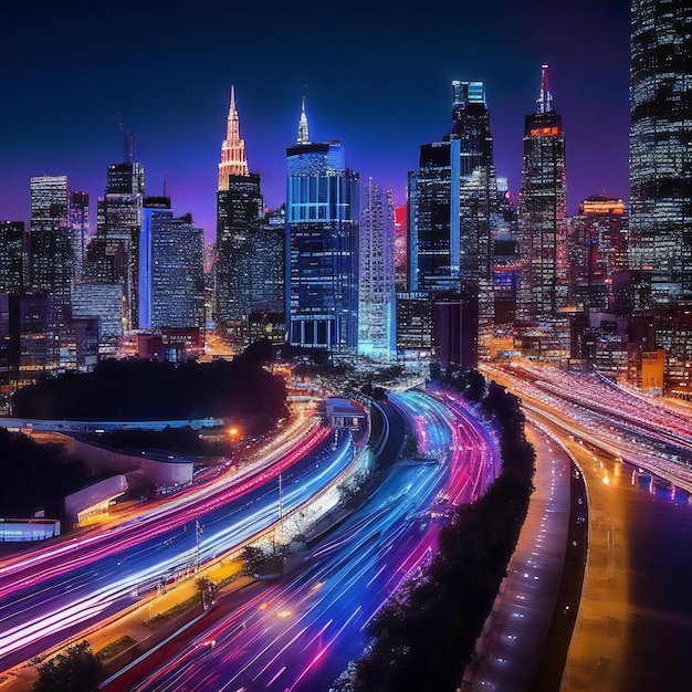 A mesmerizing cityscape at night with countless lights illuminating the urban landscape