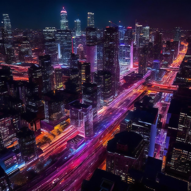 A mesmerizing cityscape at night with countless lights illuminating the urban landscape