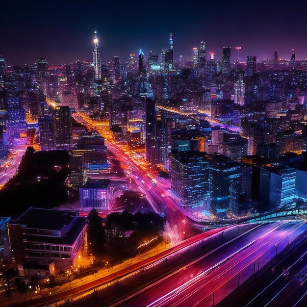 A mesmerizing cityscape at night with countless lights illuminating the urban landscape