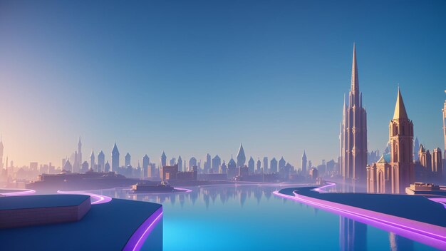 A Mesmerizing Cityscape With A Pool And A Large Building AI Generative