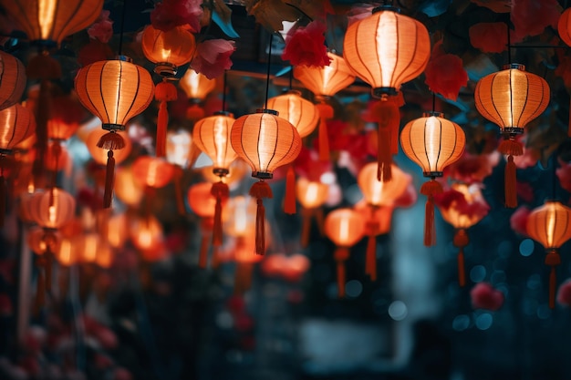 Завораживающий крупный план китайских фонариков, излучающих теплое приветственное сияние, освещающее ночь.
