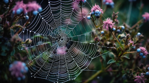 A mesmerizing closeup of a dewcovered spider web amidst summer blossoms displaying intricate beauty