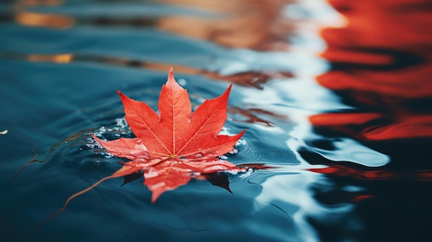 A mesmerizing closeup of a red maple leaf floating on the surface of a calm pond