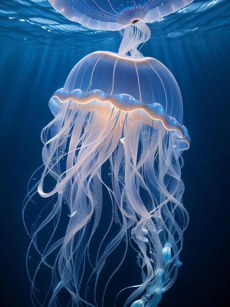 A mesmerizing closeup shot of a massive jellyfish gracefully floating in the ocean