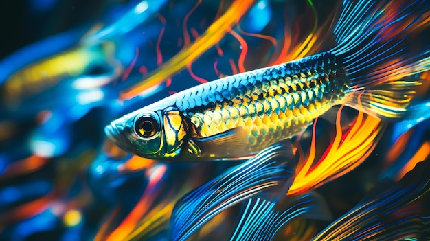 A mesmerizing closeup shot showcases a school of vibrant zebrafish gracefully swimming in perfect