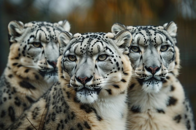 Photo a mesmerizing closeup of three snow leopards their captivating eyes fixed upon the camera