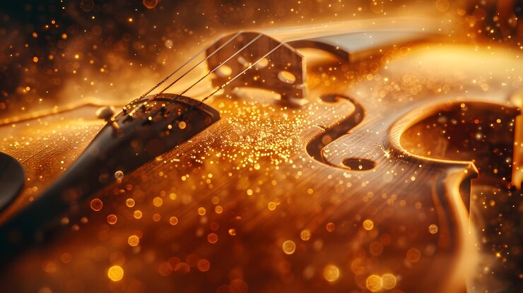 Photo mesmerizing closeup of a violin39s intricate wood grain and varnish with floating dust particles in radiant light