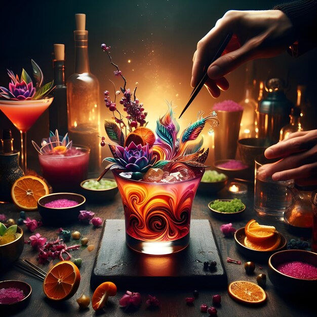 Photo a mesmerizing cocktail presentation with vibrant colors meticulously crafted garnishes