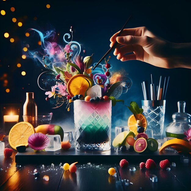 Photo a mesmerizing cocktail presentation with vibrant colors meticulously crafted garnishes