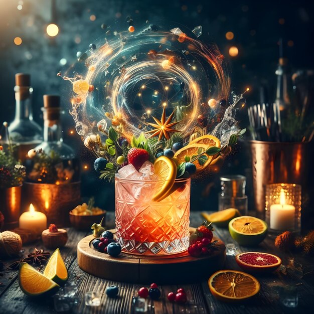 Foto una presentazione di cocktail affascinante con colori vivaci e guarnizioni meticolosamente elaborate.