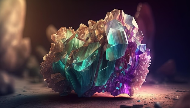 魅惑的なカラフルな蛍石の結晶のイラストがきらめき、まばゆい