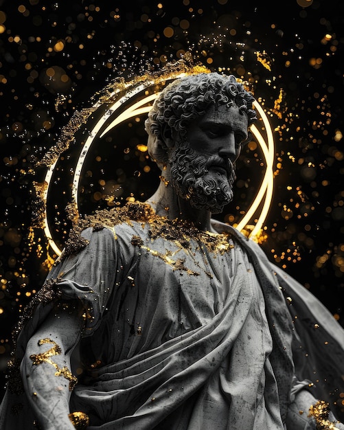 Photo mesmerizing depiction of a god statue with a gold halo divine glitch allure of glitch aesthetics blending the sacred and modern in a unique and surreal artistic expression