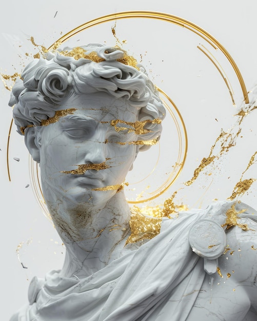Завораживающее изображение статуи бога с золотым ореолом, очарование божественного глюка, эстетика глюка, сочетающая в себе священное и современное в уникальном и сюрреалистическом художественном выражении.