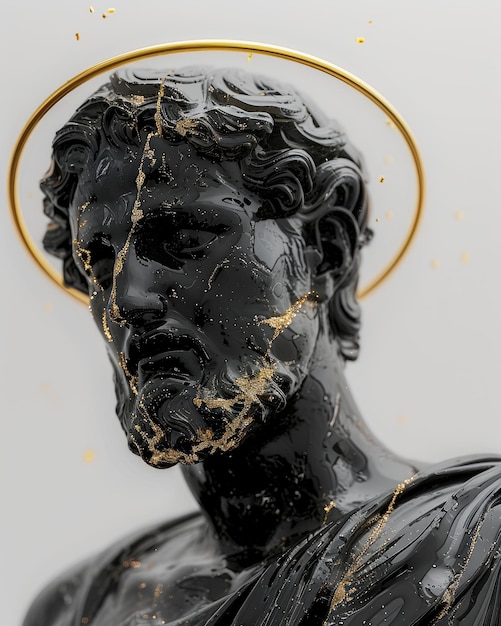 Mesmerizing depiction of a god statue with a gold halo divine glitch allure of glitch aesthetics blending the sacred and modern in a unique and surreal artistic expression