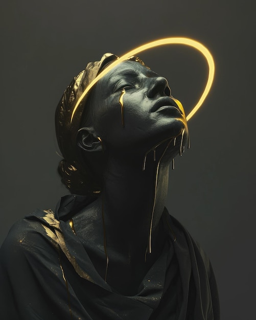 Mesmerizing depiction of a god statue with a gold halo divine glitch allure of glitch aesthetics blending the sacred and modern in a unique and surreal artistic expression